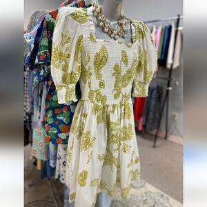 Alter State Paisley Green and White Puff Sleeve Smock Dress